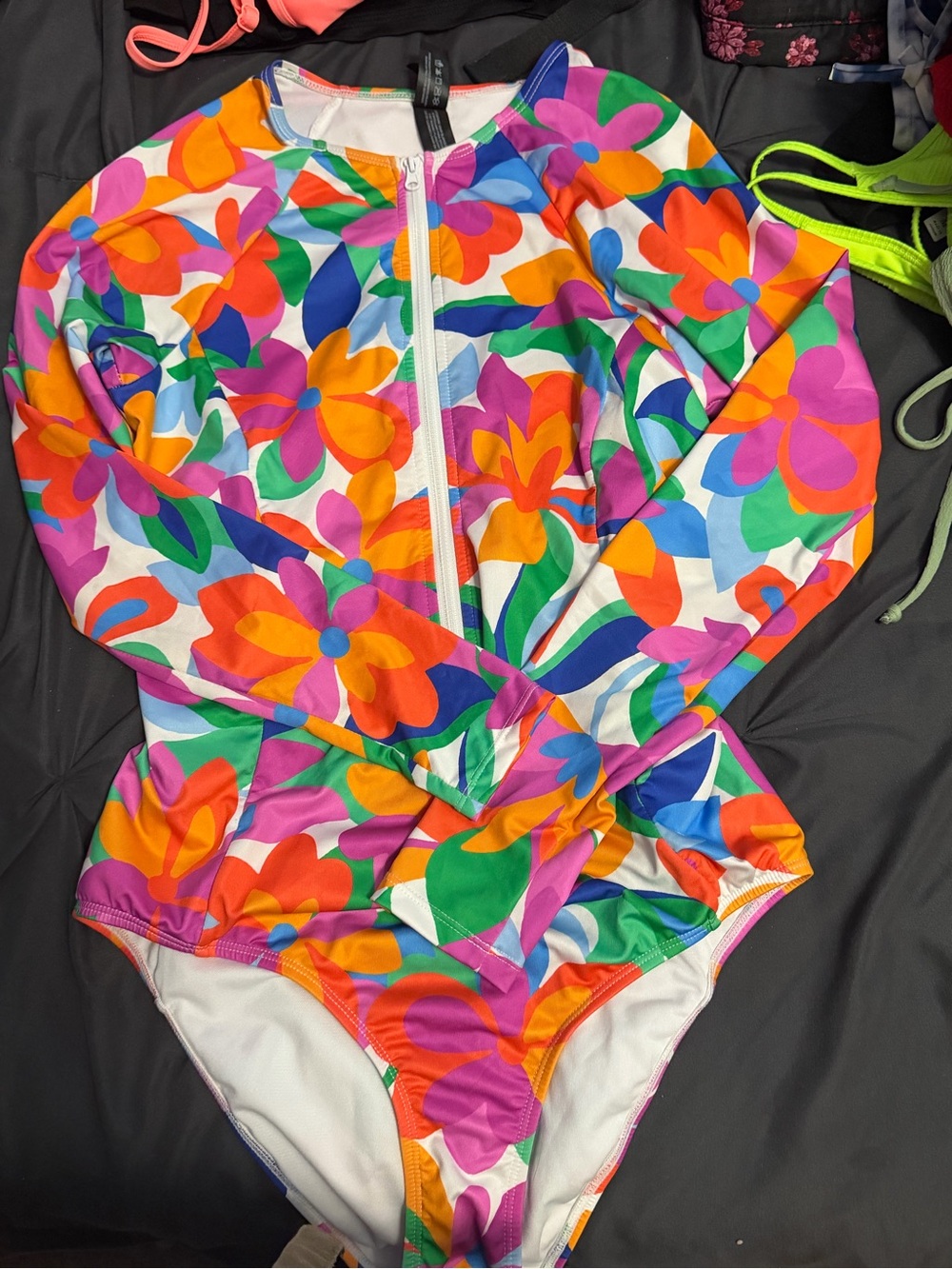 Hurley Multicolor Floral Long-Sleeve One-Piece Swimsuit with Front Zip